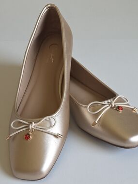 Metallic Champagne Ballet Flats with Bow and Ladybug Charm Size 10M